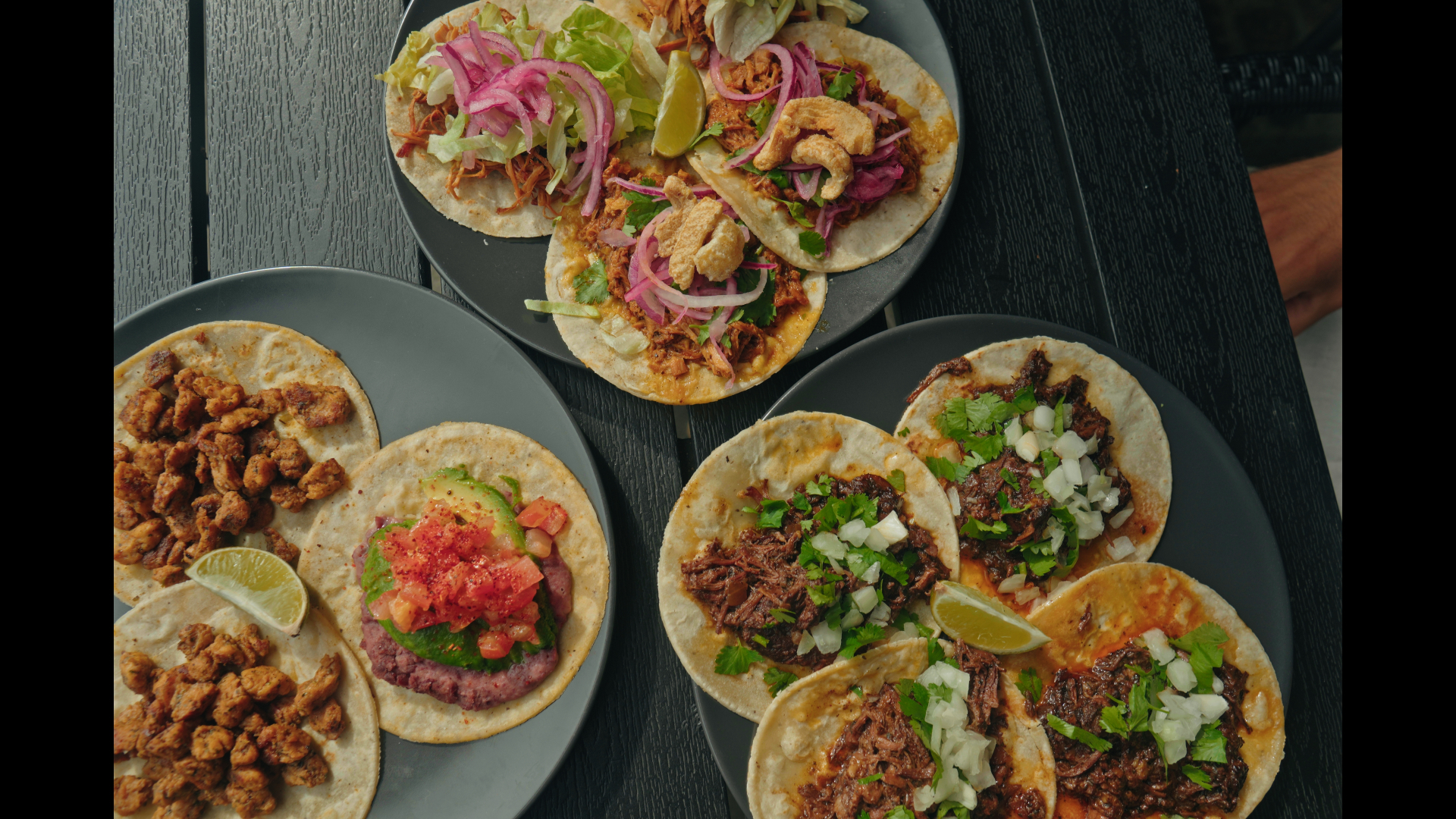Udvalg af tacos med barbacoa, chorizo og pastor